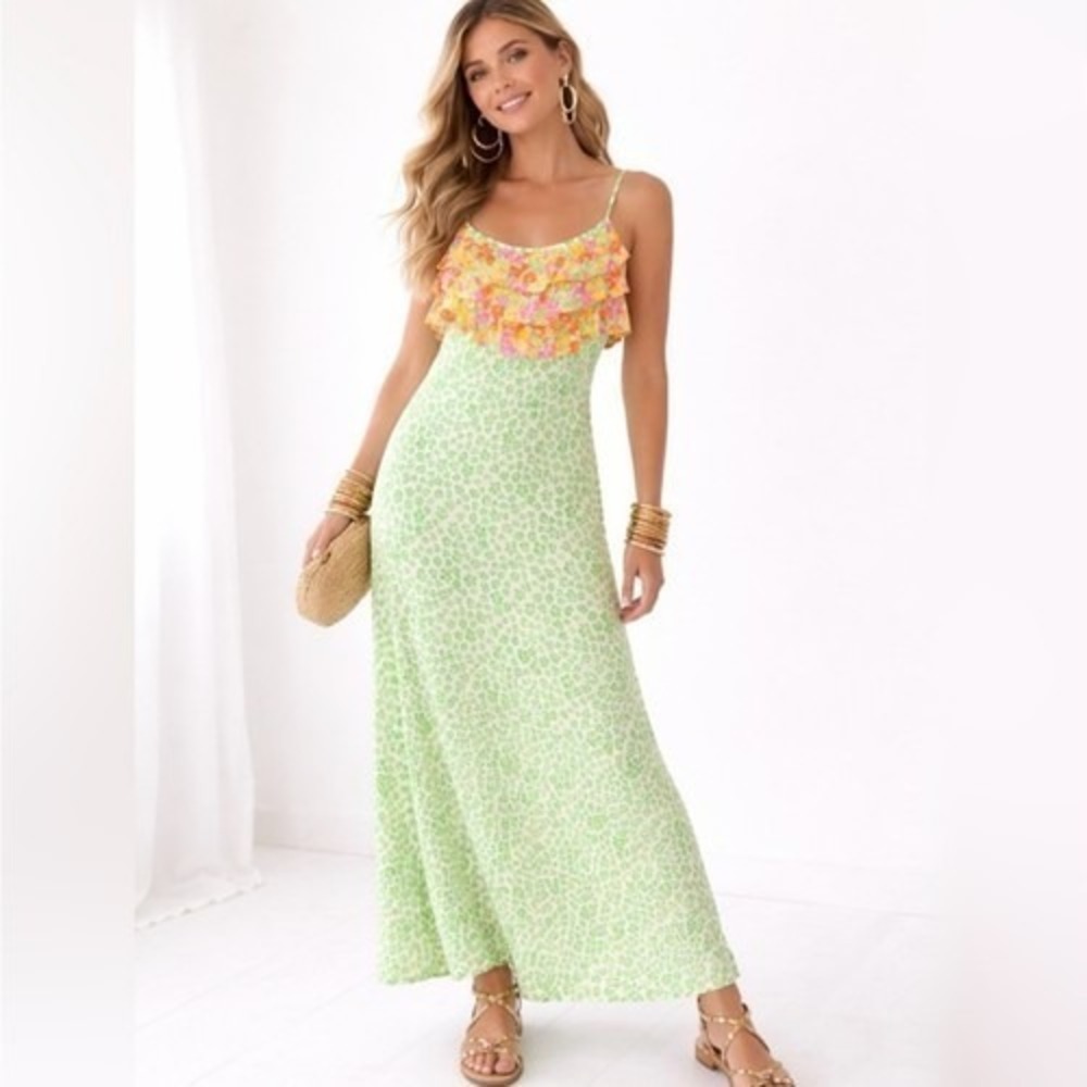 RIXO Tropical Beach Resort Party Fun Colorful Leopard Print Maxi Dress XL‎ Green